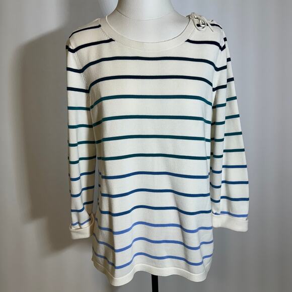 Talbots White Blue Striped Knit 3/4 Sleeve Pullover Sweater Womens Size Large L - Picture 1 of 10